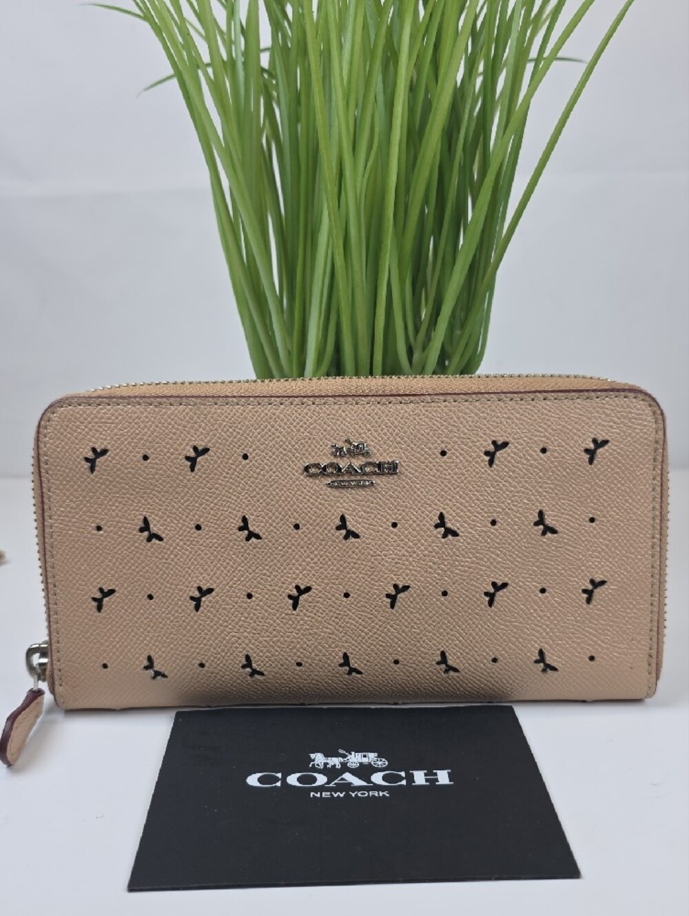 Coach Perforated Butterfly Beige Nude Zip-Around Leather Laser Cut Wallet